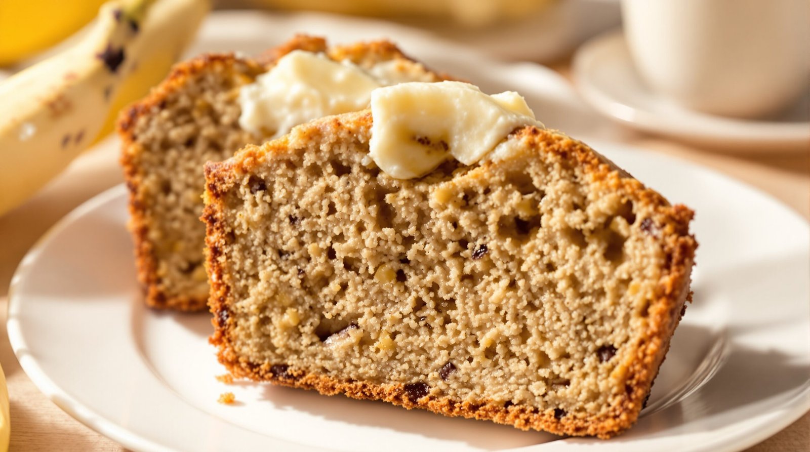 Moist banana bread recipe sliced on a wooden board