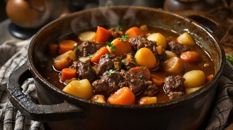 Hearty beef and vegetable stew recipe with tender beef and root vegetables
