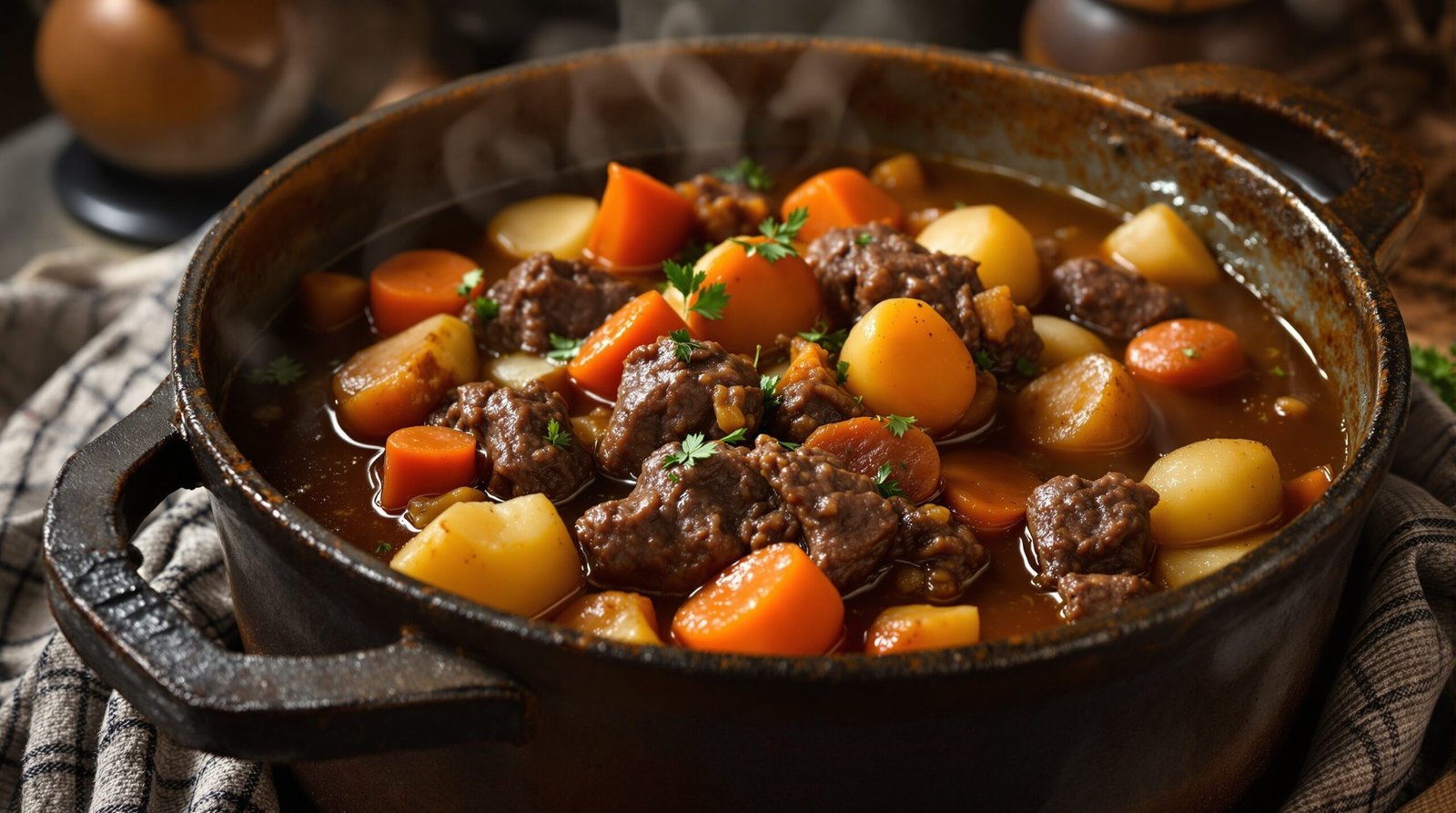Hearty beef and vegetable stew recipe with tender beef and root vegetables