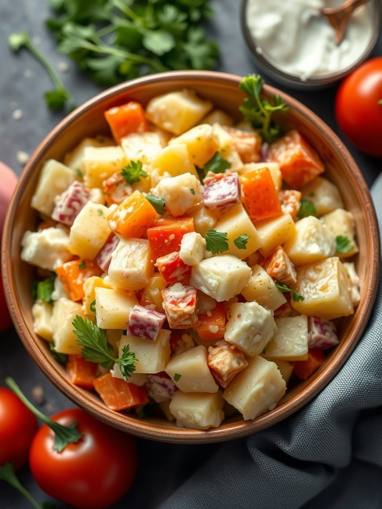 best classic potato salad from scratch overhead colorful salad ingredients