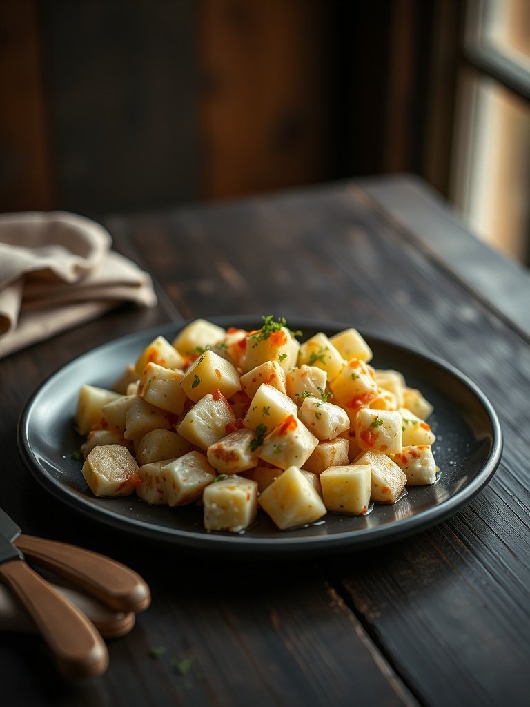 Best classic potato salad from scratch on rustic plate, warm light