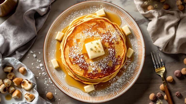 Best homemade pancakes on a rustic plate, topped with syrup and berries