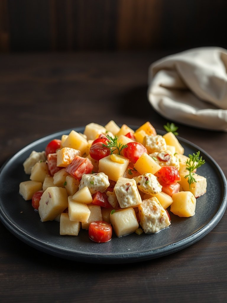 Best homemade potato salad for memorial day, beautifully plated, warm light