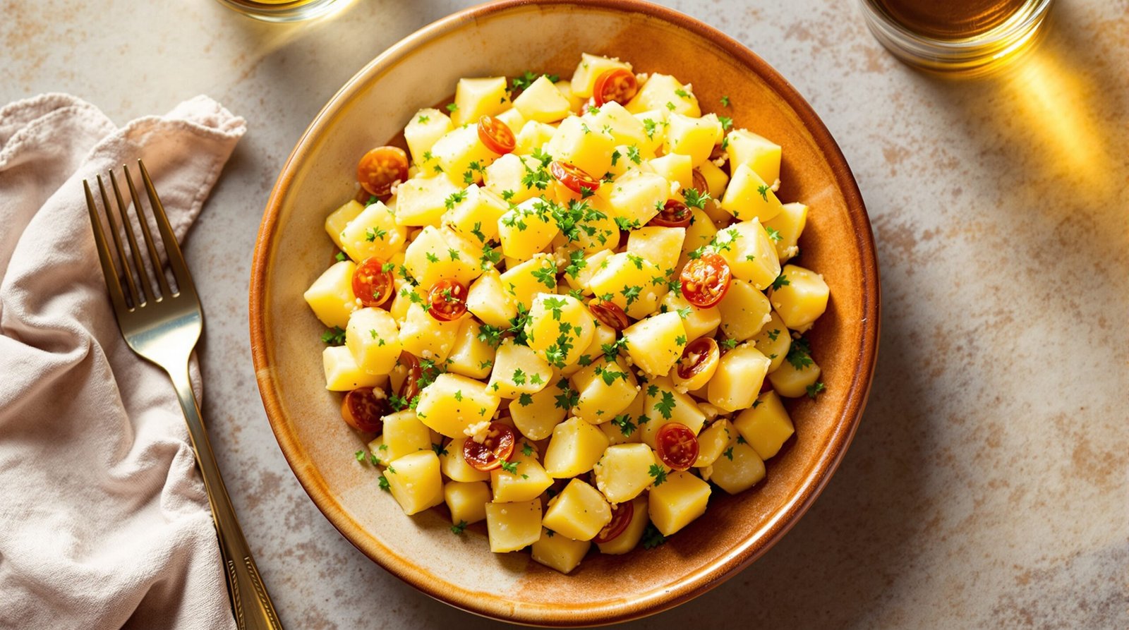Best potato salad from scratch in a bowl with fresh herbs