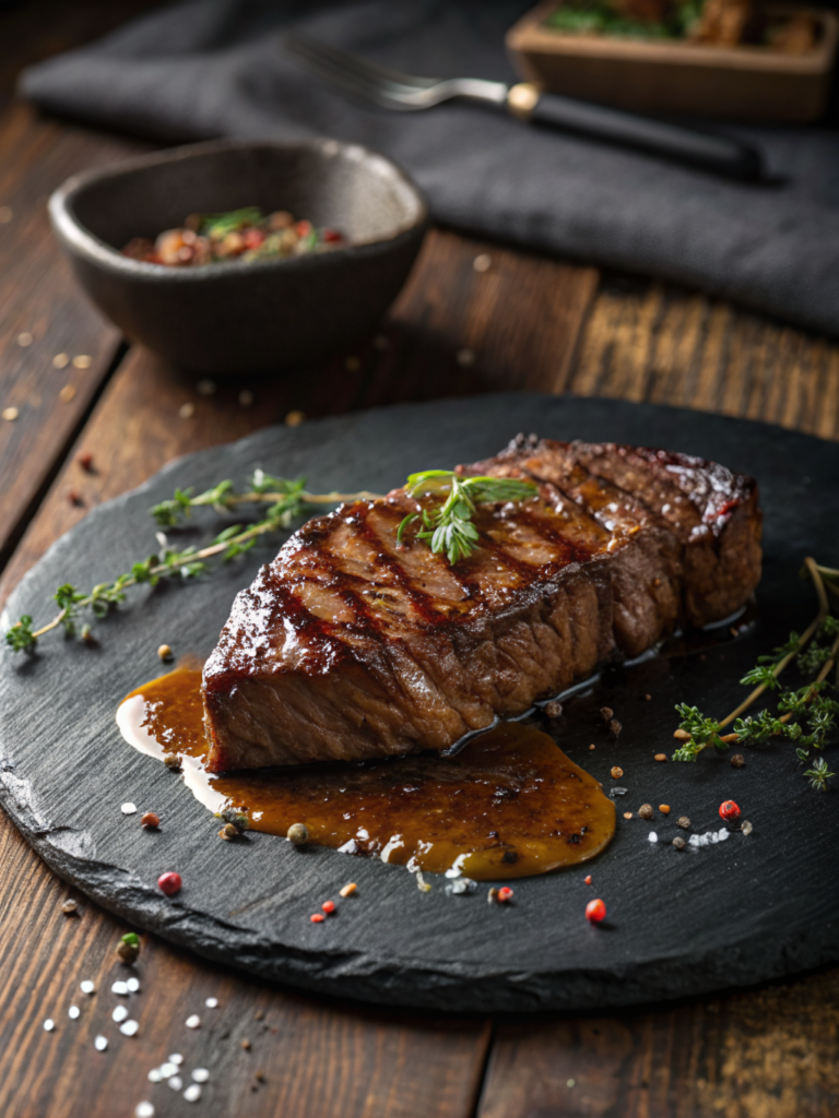 Best steak marinade from scratch, juicy grilled steak on a plate