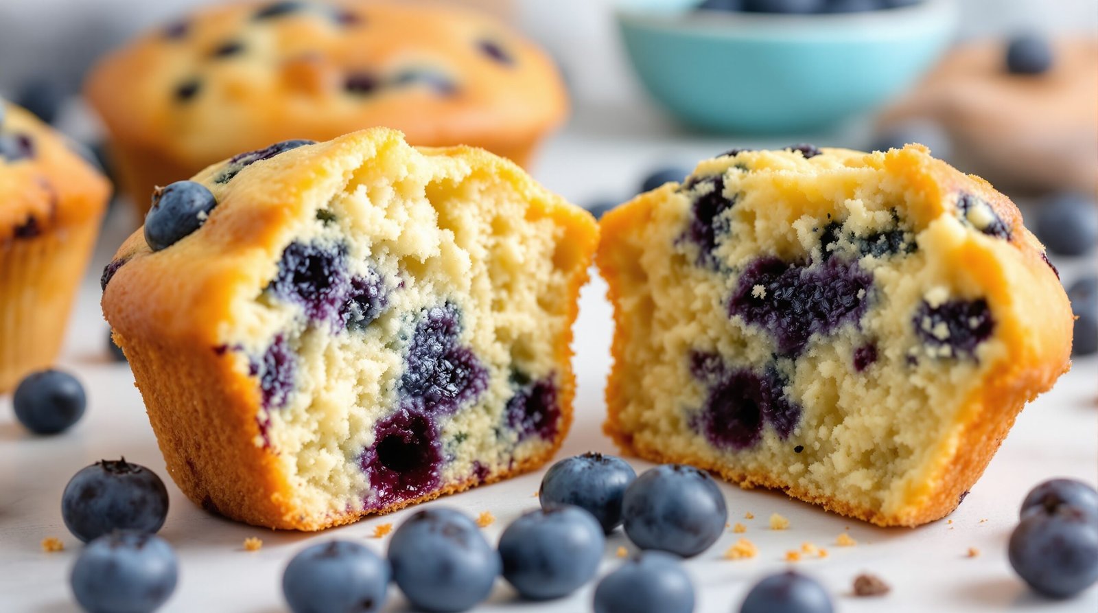 Blueberry muffins recipe with domed tops in a muffin tin