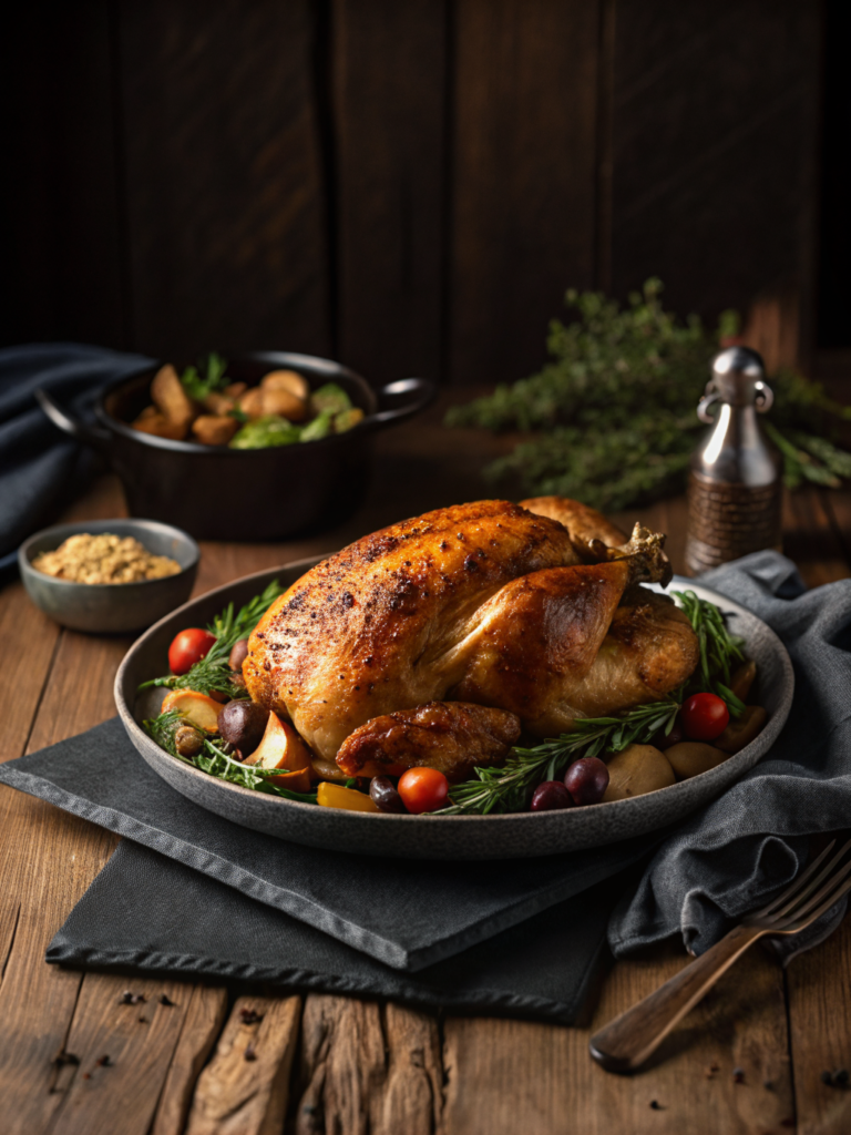 Chicken recipes for dinner on rustic plate, warm light