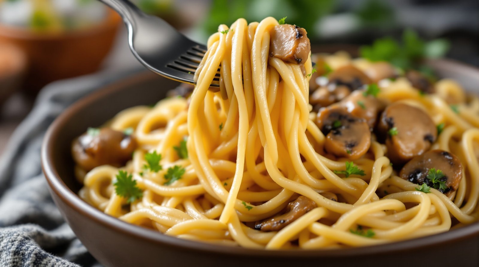 Creamy mushroom pasta fork twirl – NourishTable