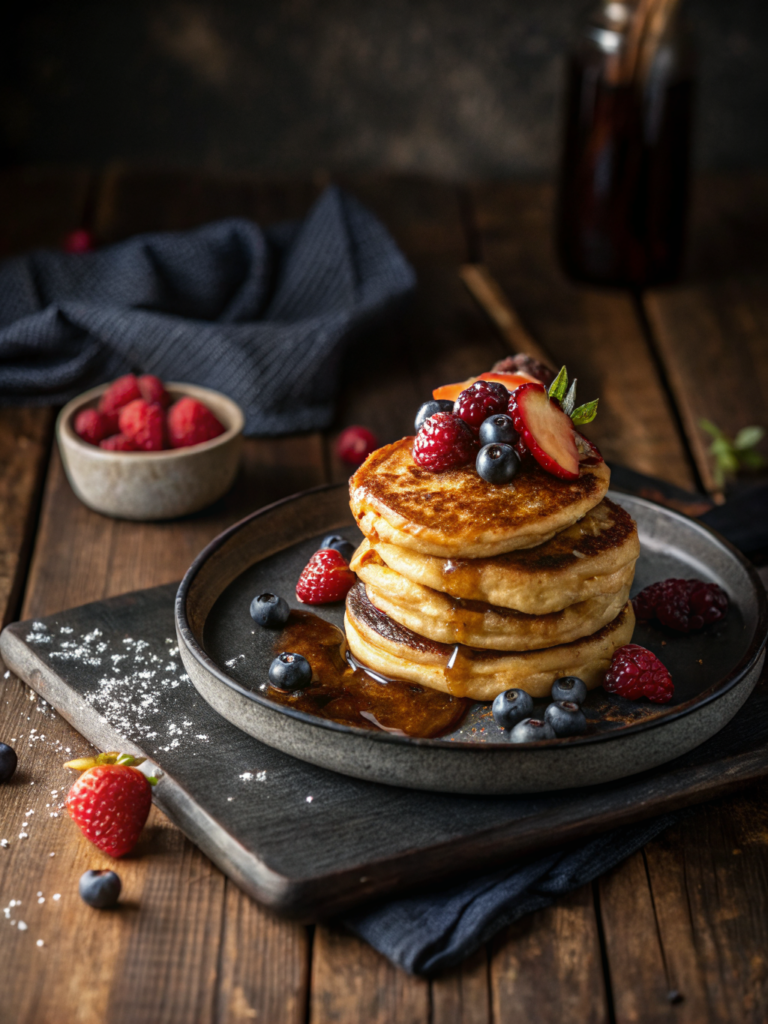 Easy brunch pancakes recipe on a rustic ceramic plate, warm light