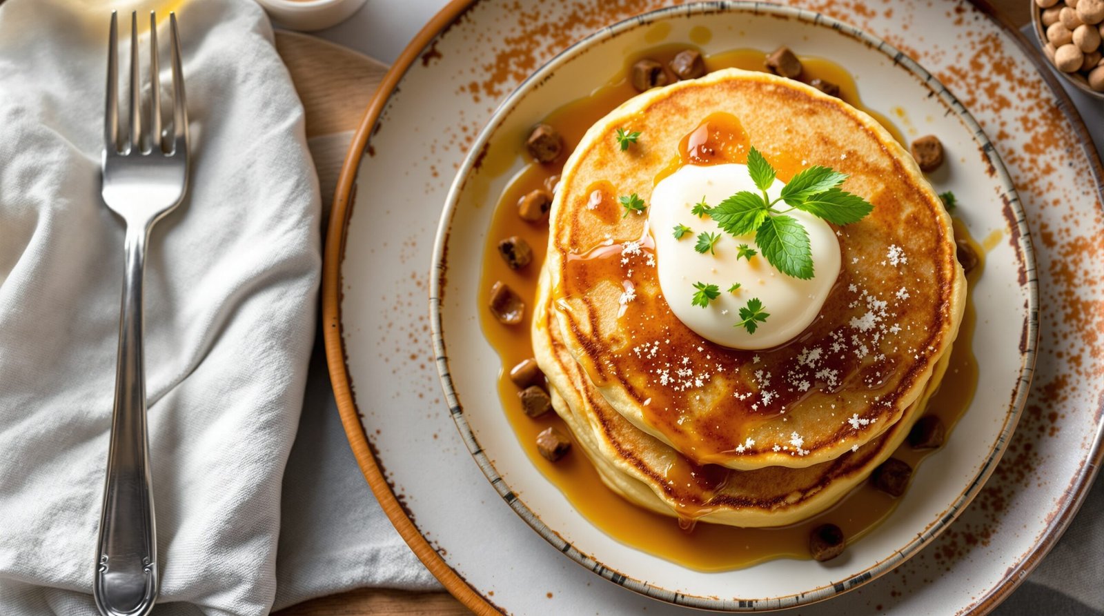 easy brunch pancakes recipe with golden pancakes on a rustic plate