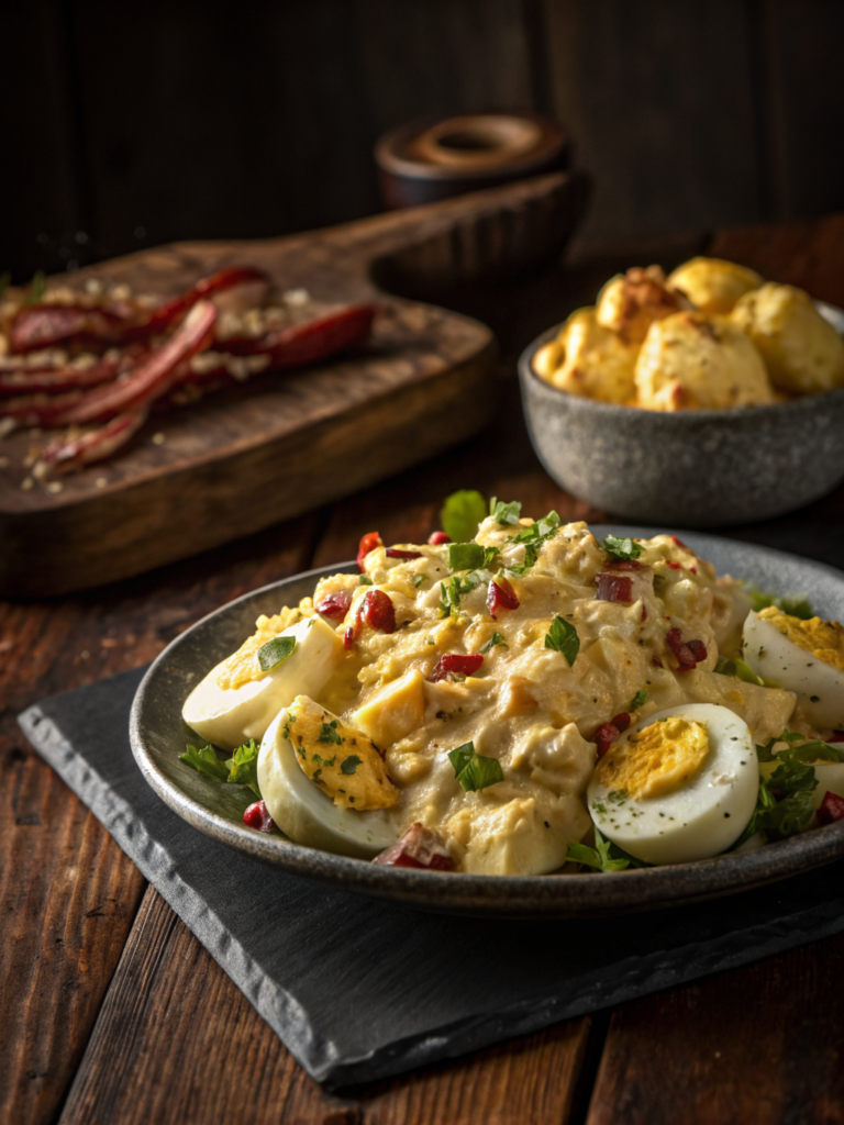 easy deviled egg potato salad on rustic ceramic plate, warm light
