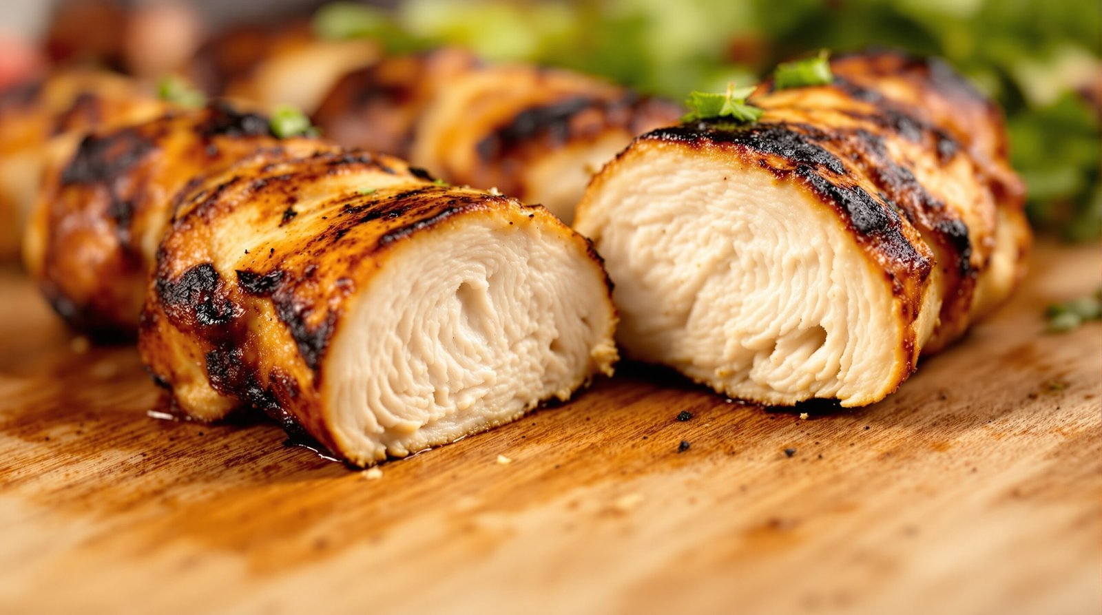 Easy grilled chicken skewers cross-section showing juicy interior