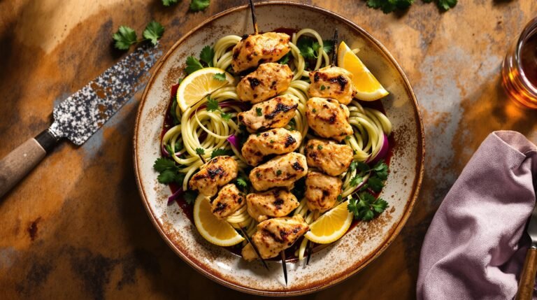 Easy grilled chicken skewers beautifully displayed on a plate