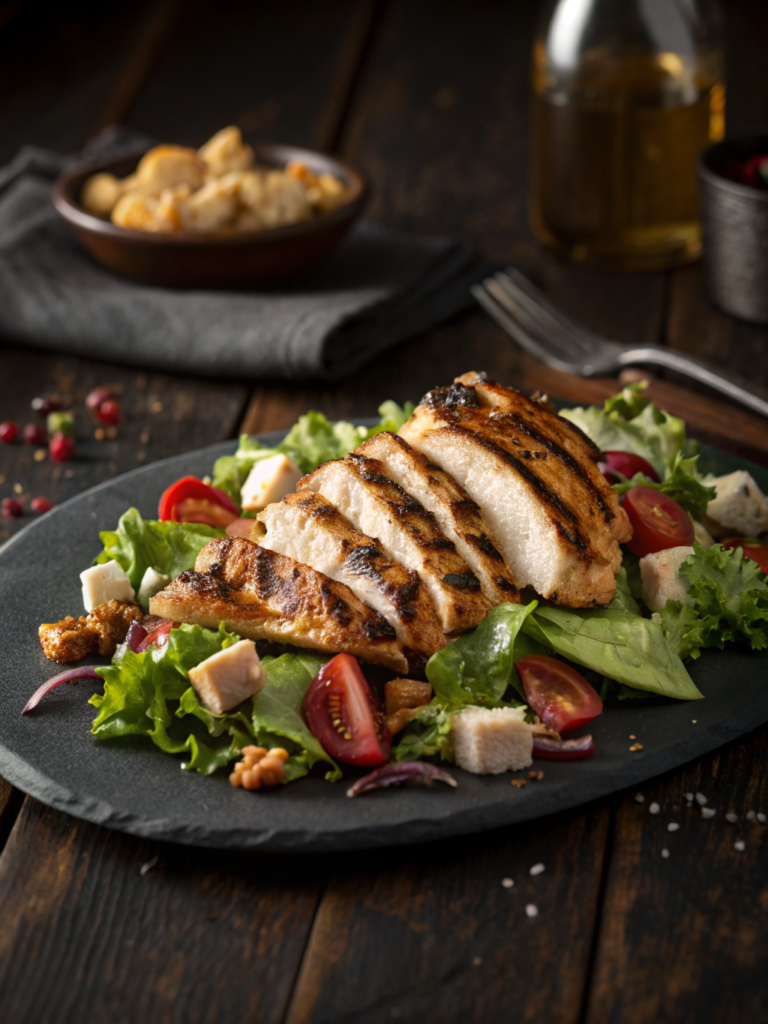 Easy grilling chicken salad recipe on rustic plate, warm light