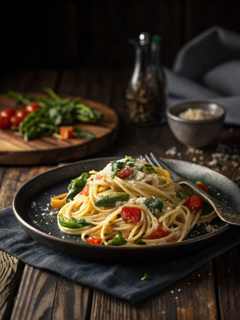 easy pasta primavera recipe with fresh vegetables on a rustic plate