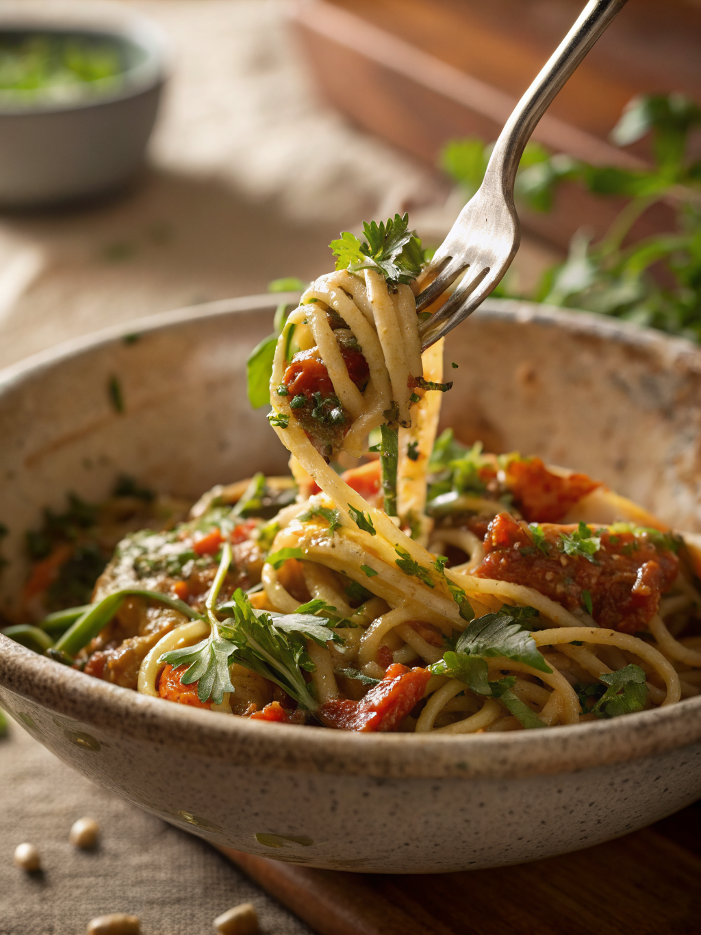 easy pasta primavera recipe fork twirl close-up with sauce