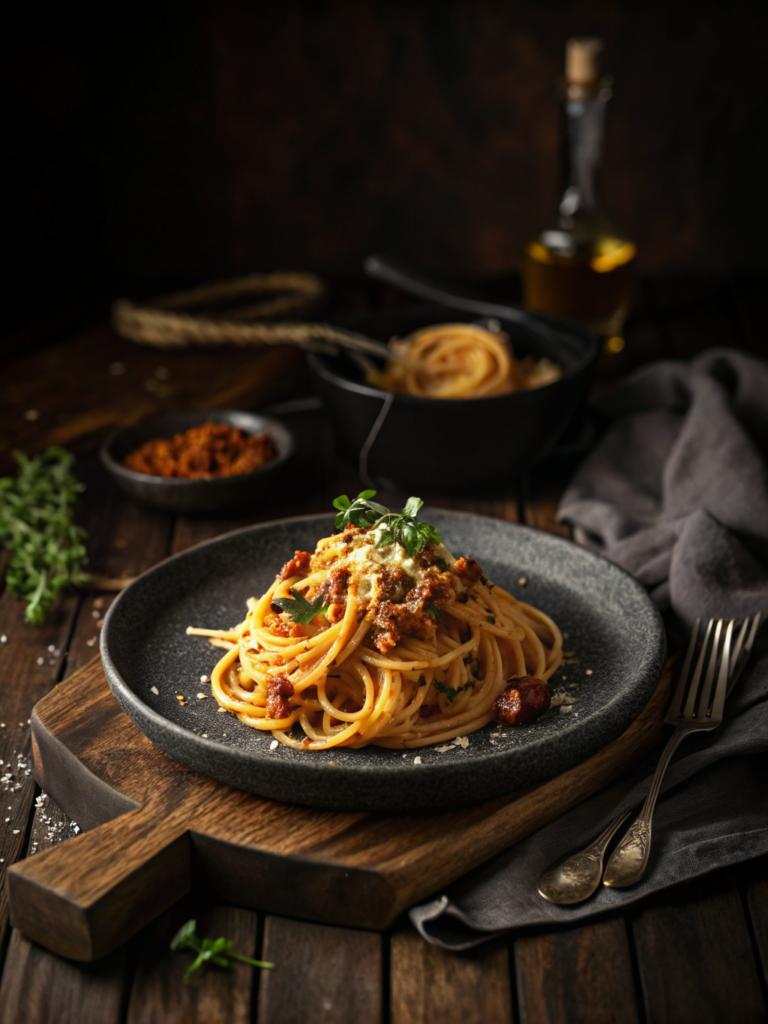 easy pasta recipes on rustic ceramic plate, warm golden light