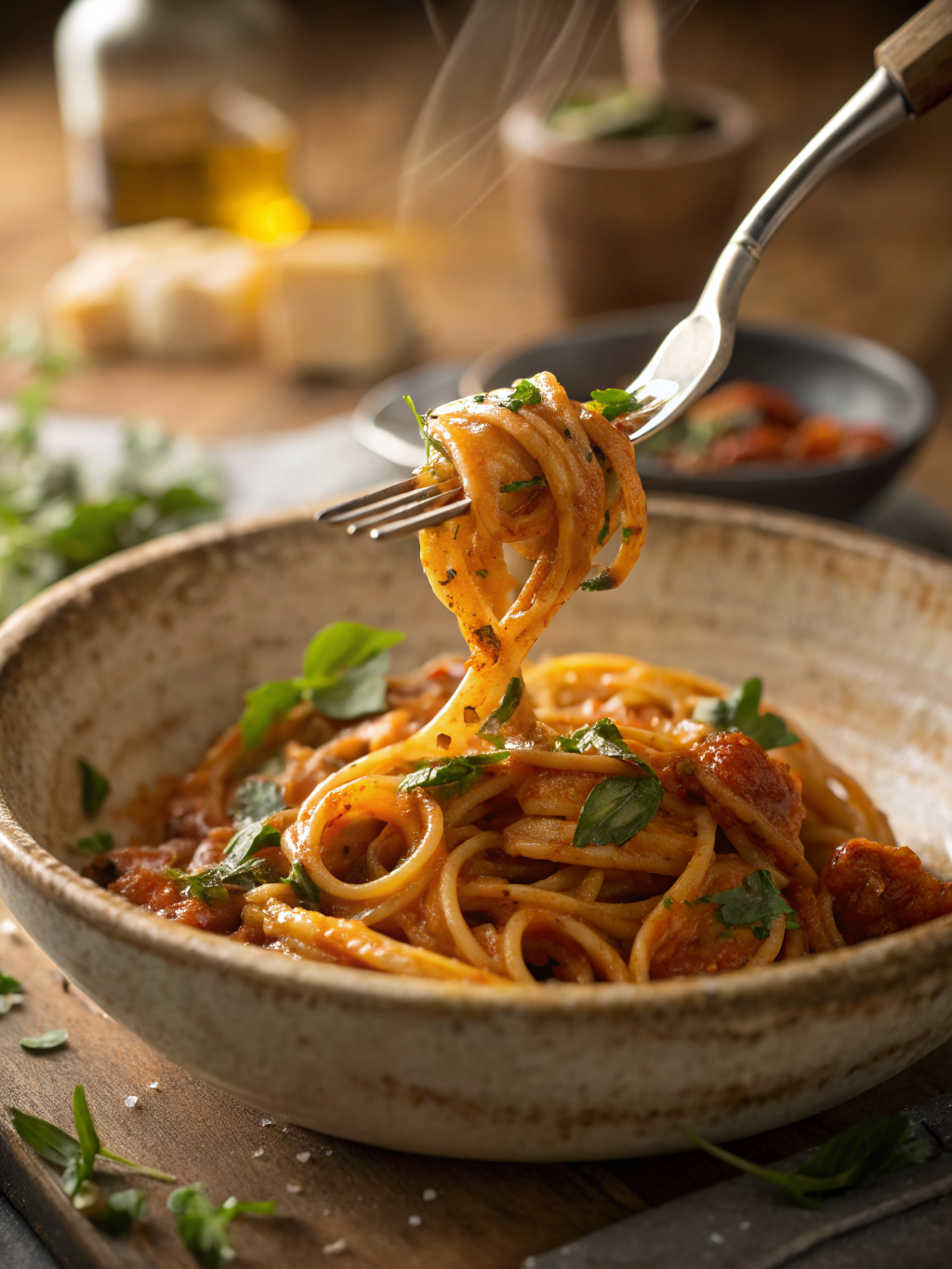 easy pasta sauce fork twirl close-up with sauce