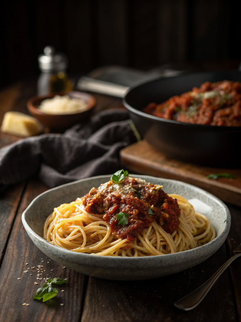 easy pasta sauce on rustic ceramic plate, warm golden light