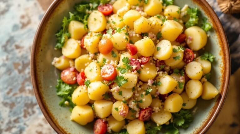 Easy potato salad recipe served in a bowl with fresh herbs