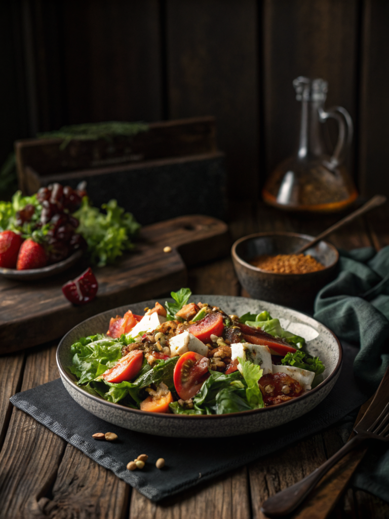 Easy spring salad recipe on rustic ceramic plate, warm light