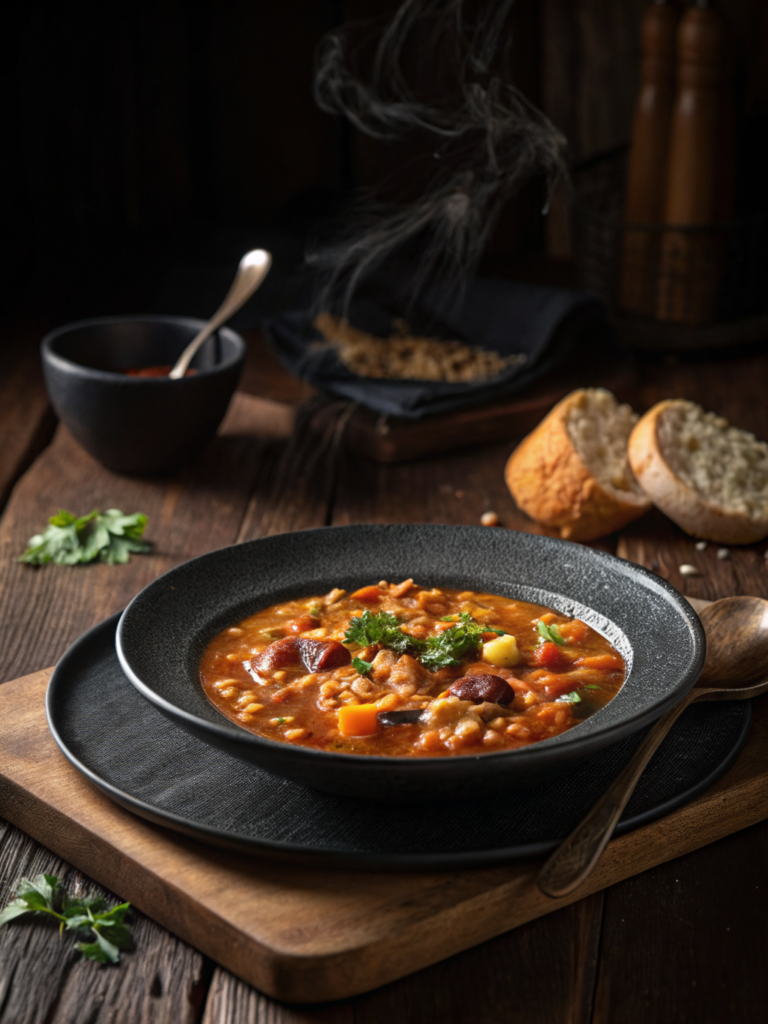 Easy vegetarian minestrone soup recipe in rustic bowl, warm light