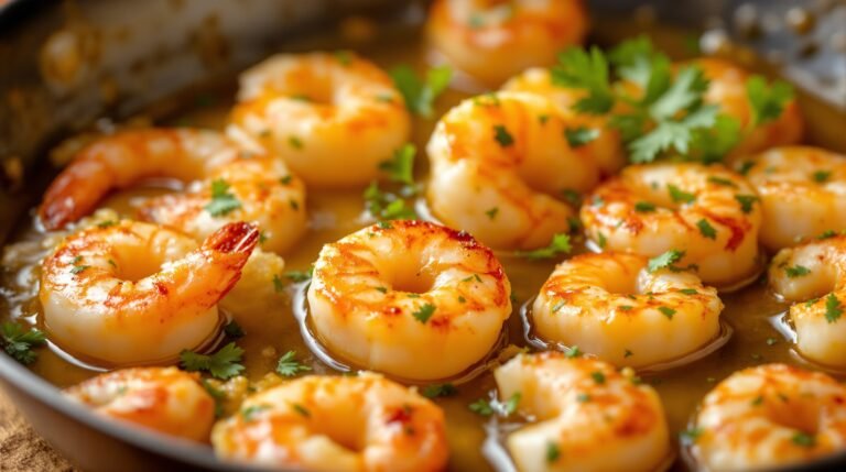 Garlic butter shrimp recipe served over rice with fresh parsley and lemon