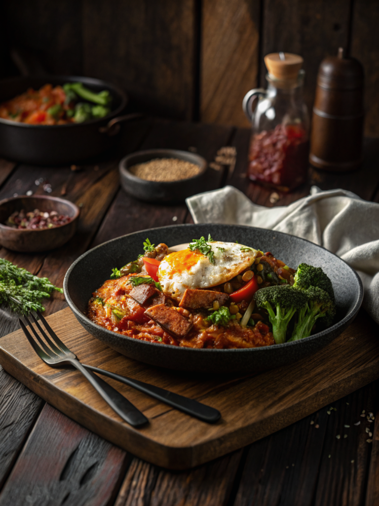 healthy dinner recipes on rustic ceramic plate, warm golden light
