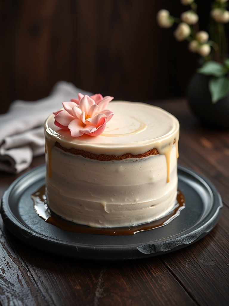 Homemade elegant mother's day cake on a rustic plate, max 125 chars