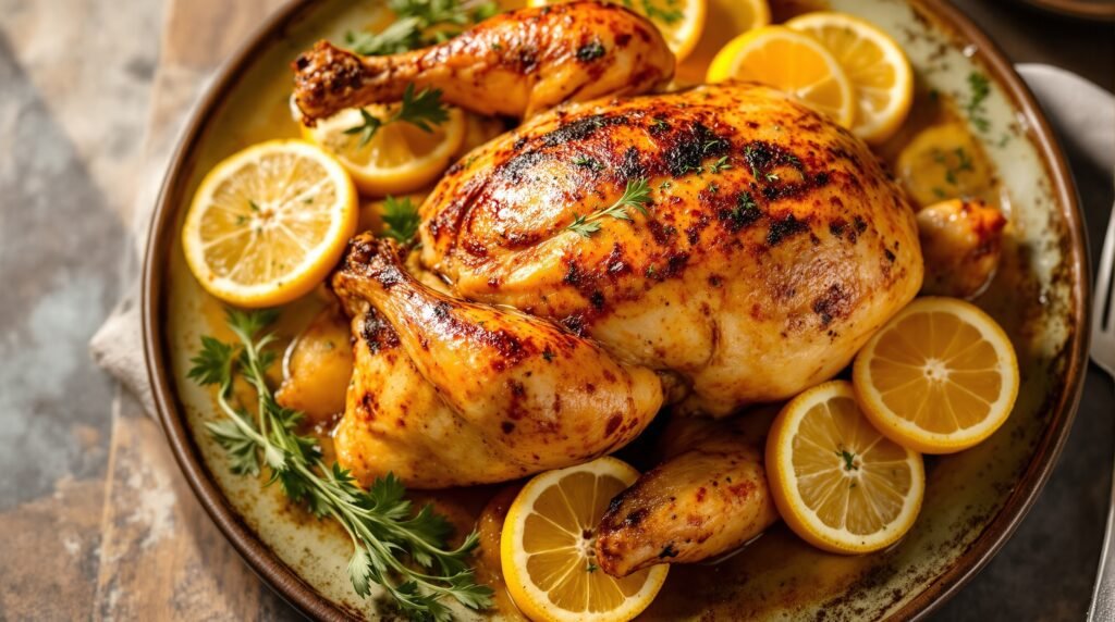 Juicy lemon herb roasted chicken recipe golden and crispy from the oven