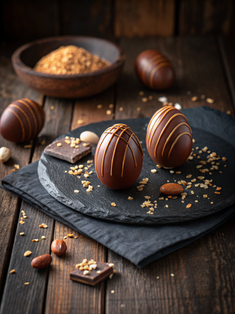 Peanut butter easter eggs on rustic plate, warm light