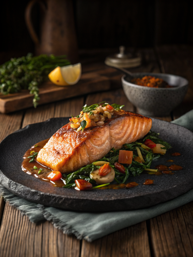 salmon recipe air fryer on rustic plate, golden light