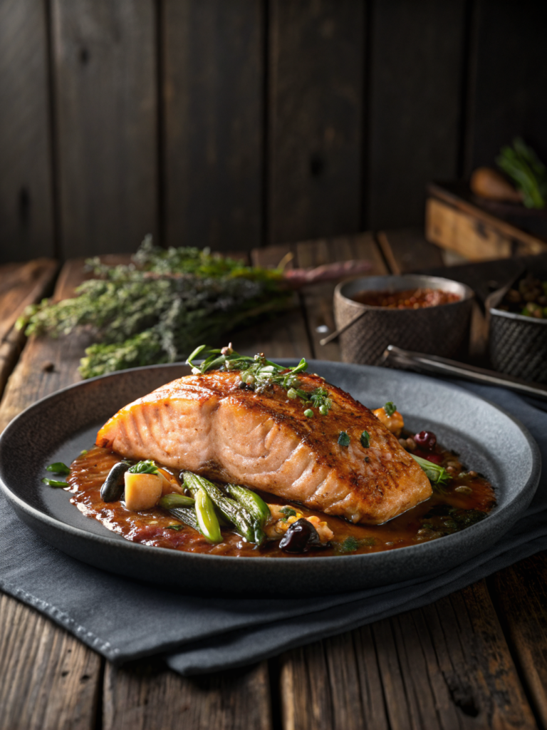 salmon recipe ideas, beautifully plated with herbs and lemon, warm light