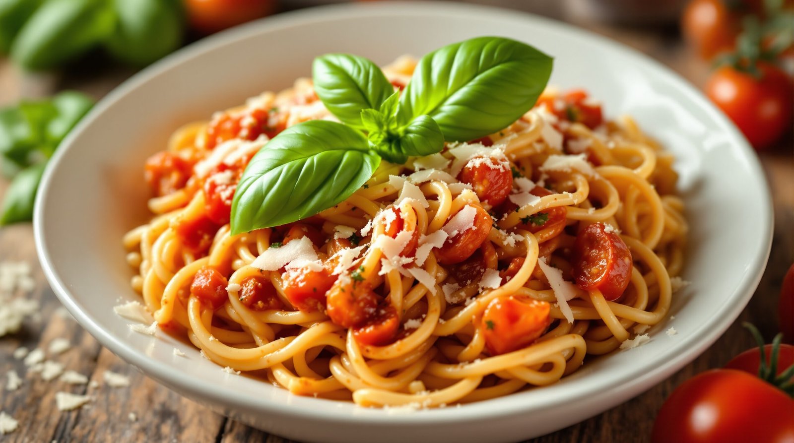Creamy tomato basil pasta recipe with fresh basil and Parmesan in a bowl