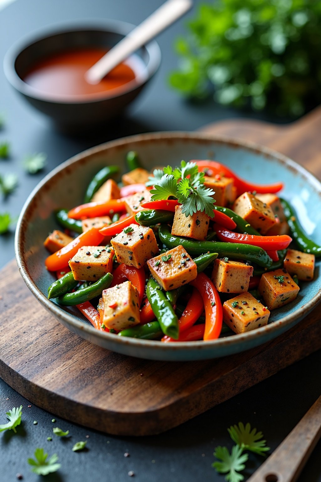 Authentic Vegetable Stir Fry with Tofu and Sesame Sauce plated on rustic ceramic