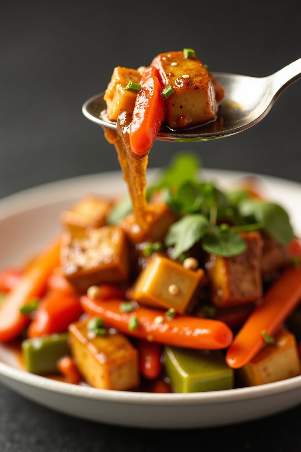Authentic Vegetable Stir Fry with Tofu and Sesame Sauce close-up portion detail