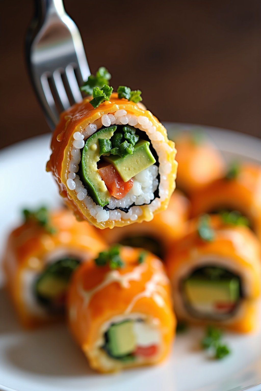 Authentic Vegetable Sushi Rolls with Avocado perfect bite on a fork, max 125 chars