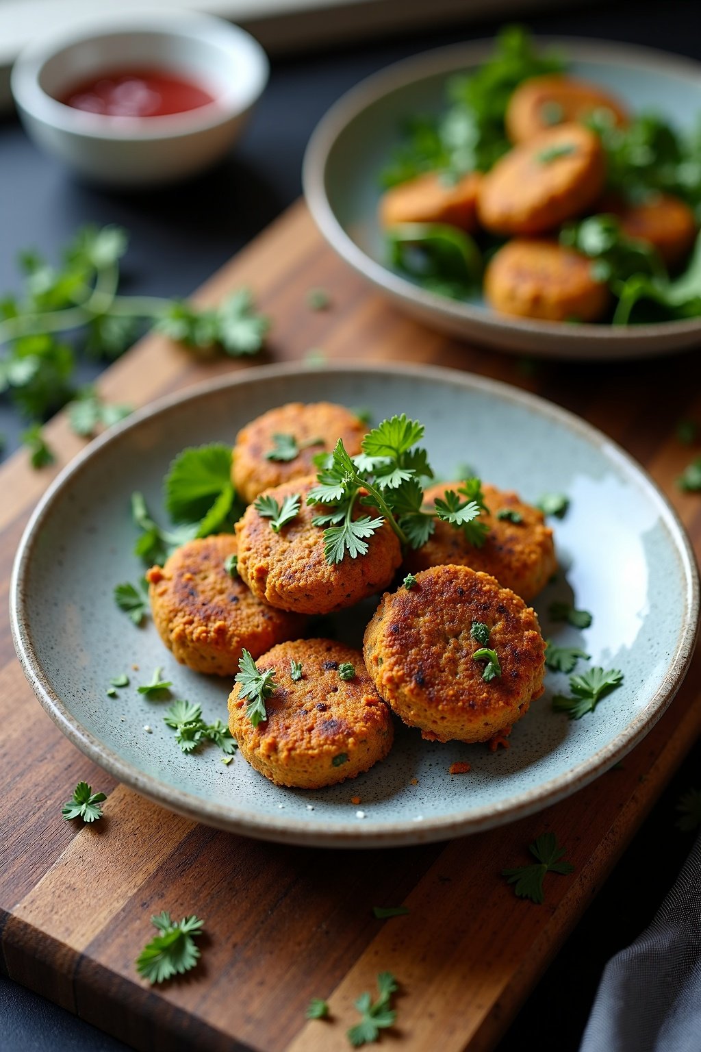 baked falafel with chickpea flour recipe on rustic plate, fresh herbs