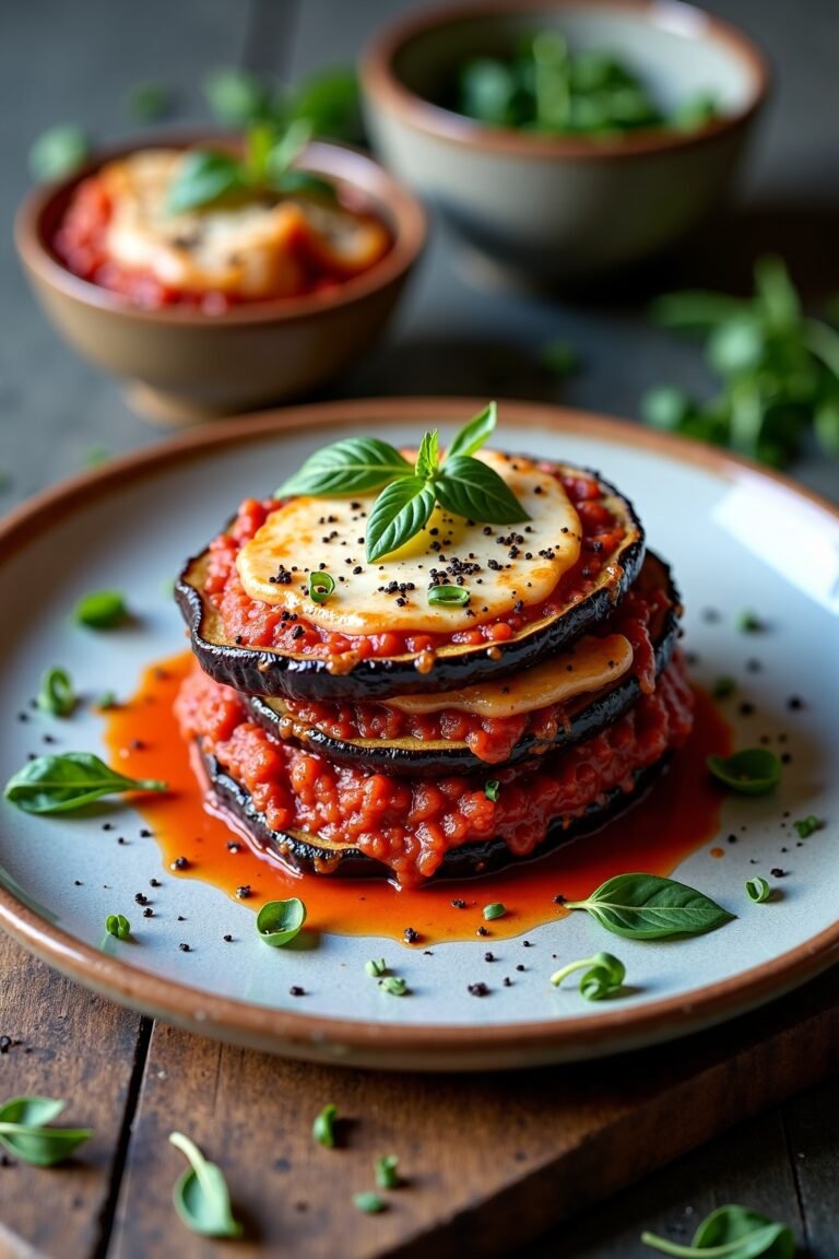 Crispy baked eggplant parmesan stacks on rustic ceramic plate with herbs