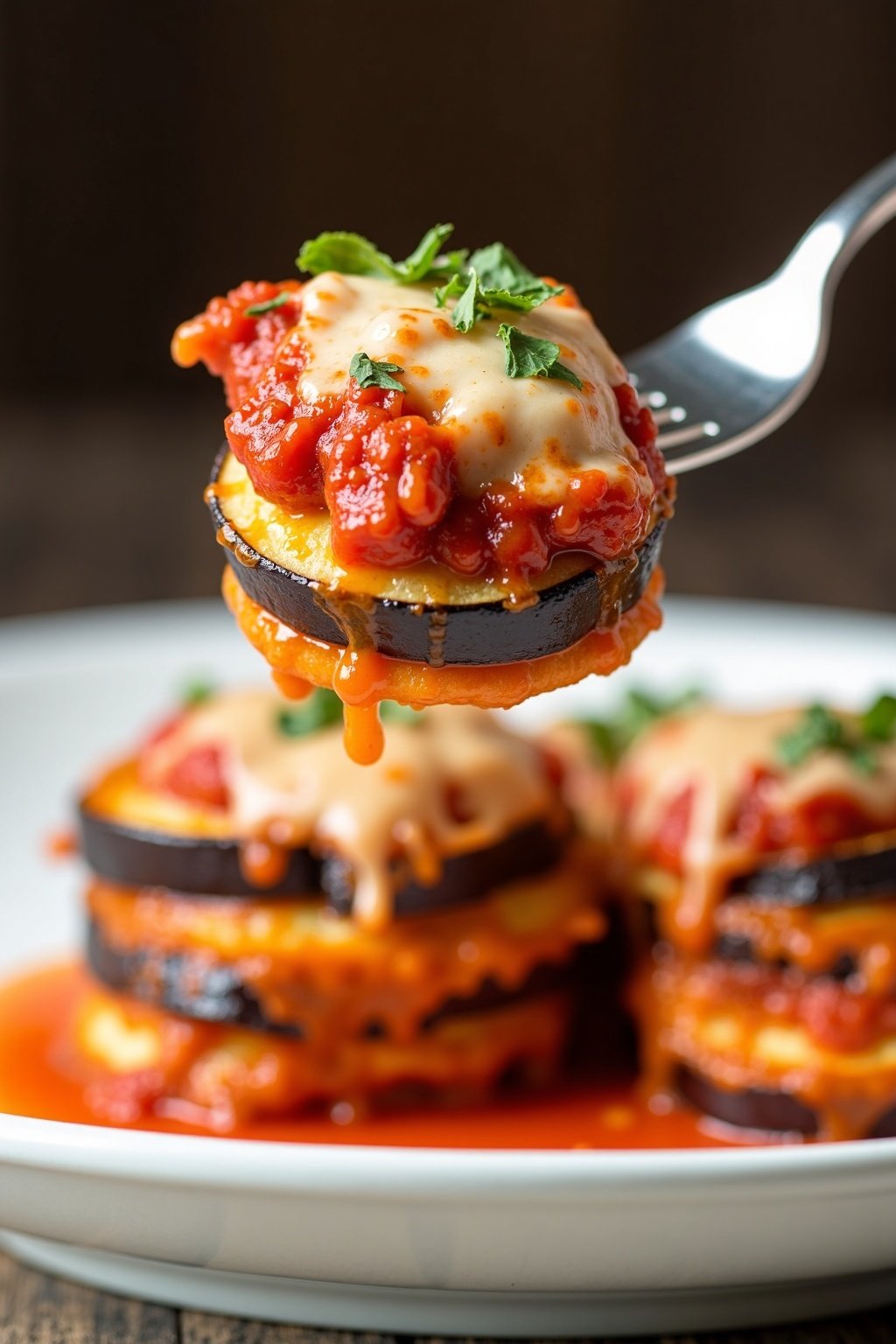Crispy baked eggplant parmesan stacks perfect bite on a fork