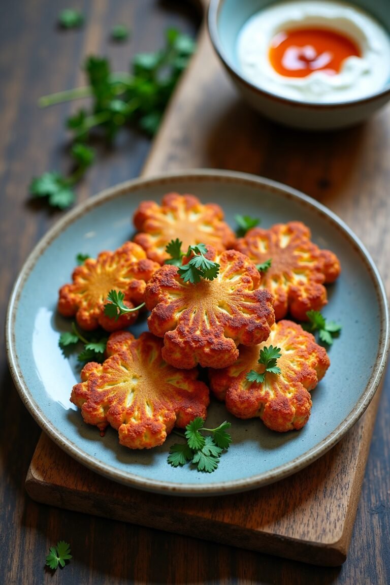 Crispy cauliflower fritters with spicy yogurt dip on a rustic plate, max 125 chars