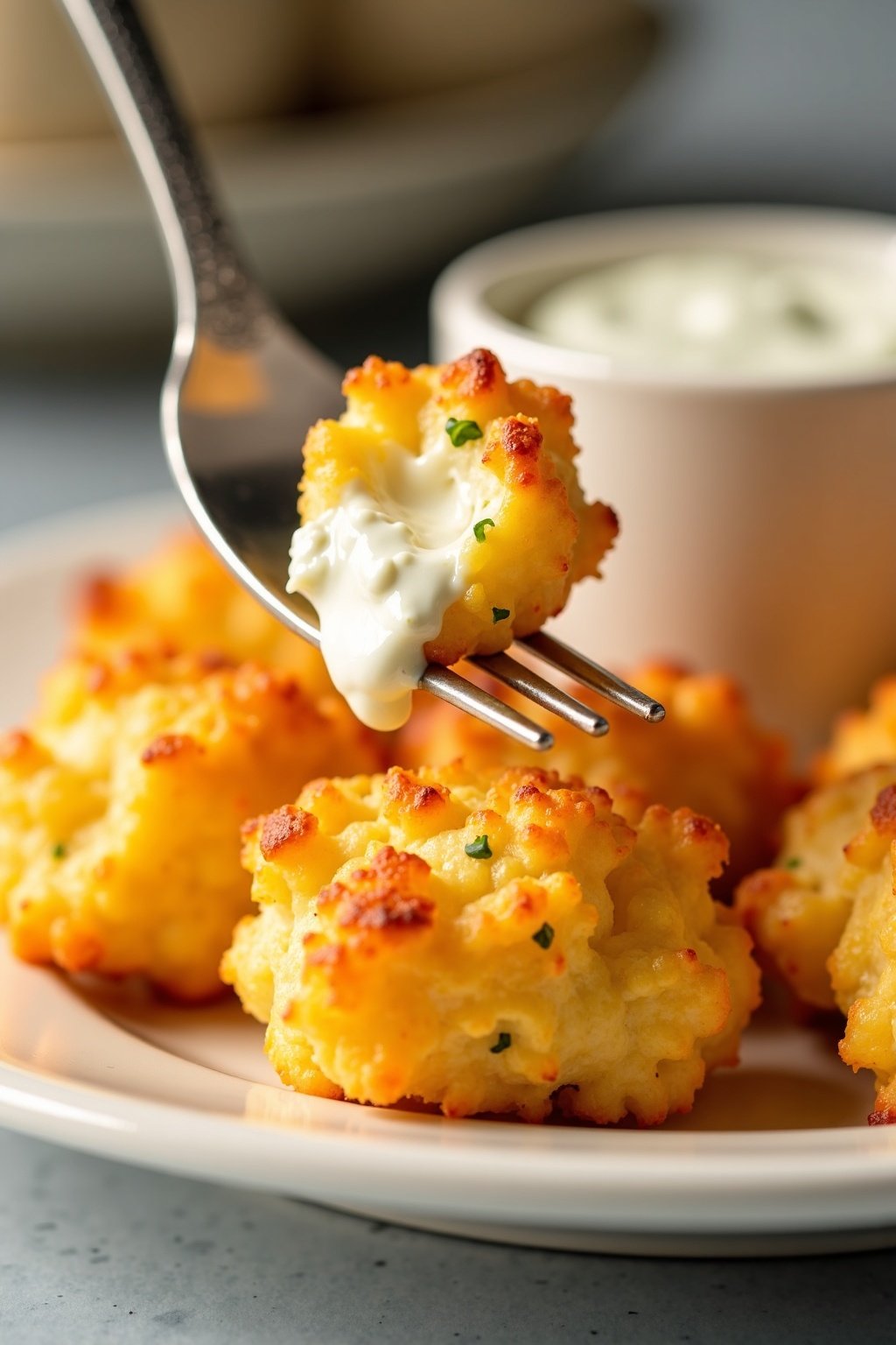 Crispy cauliflower fritters with spicy yogurt dip close-up portion detail, max 125 chars