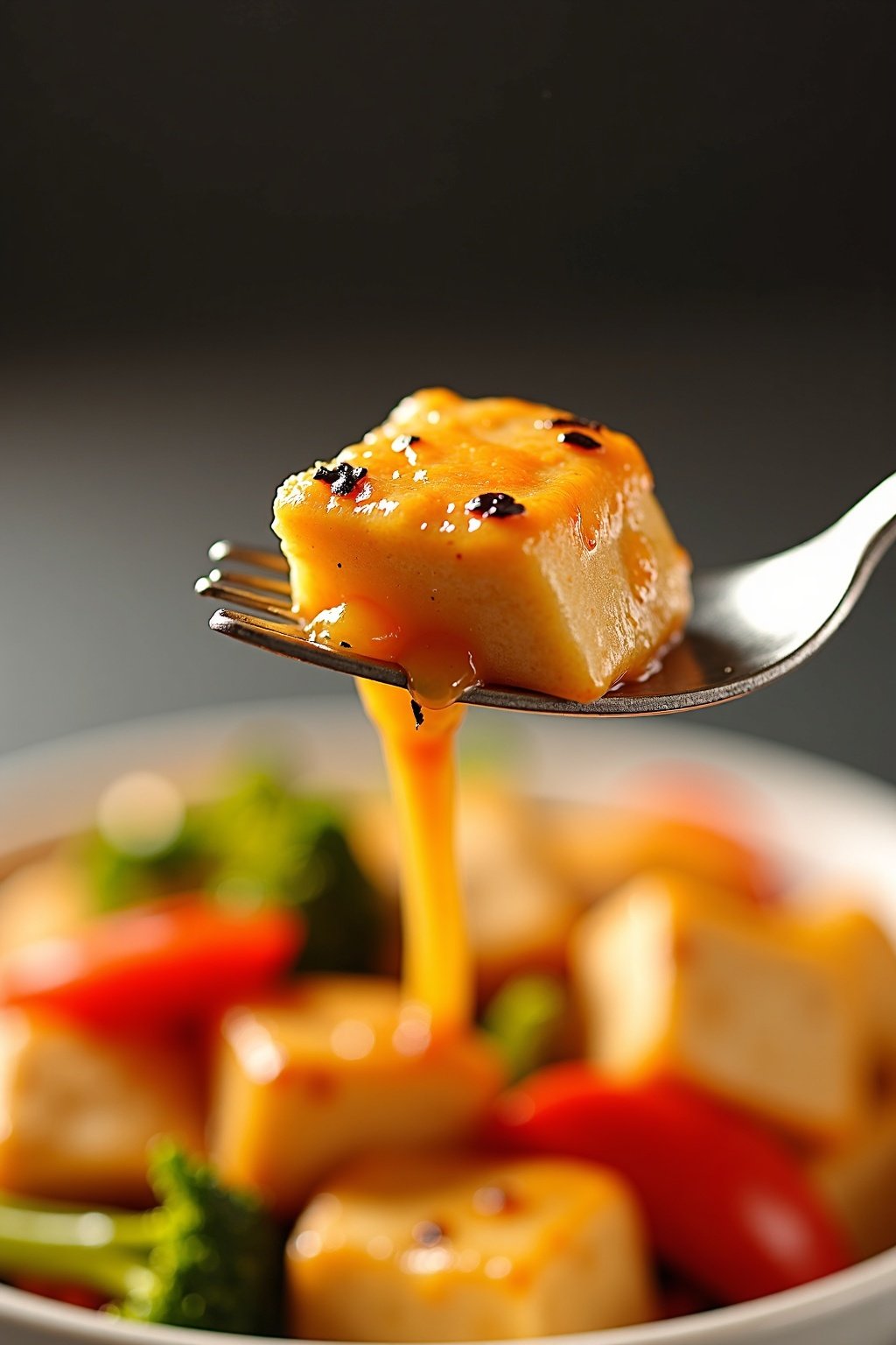 crispy tofu stir fry with fresh vegetables perfect bite on a fork, max 125 chars