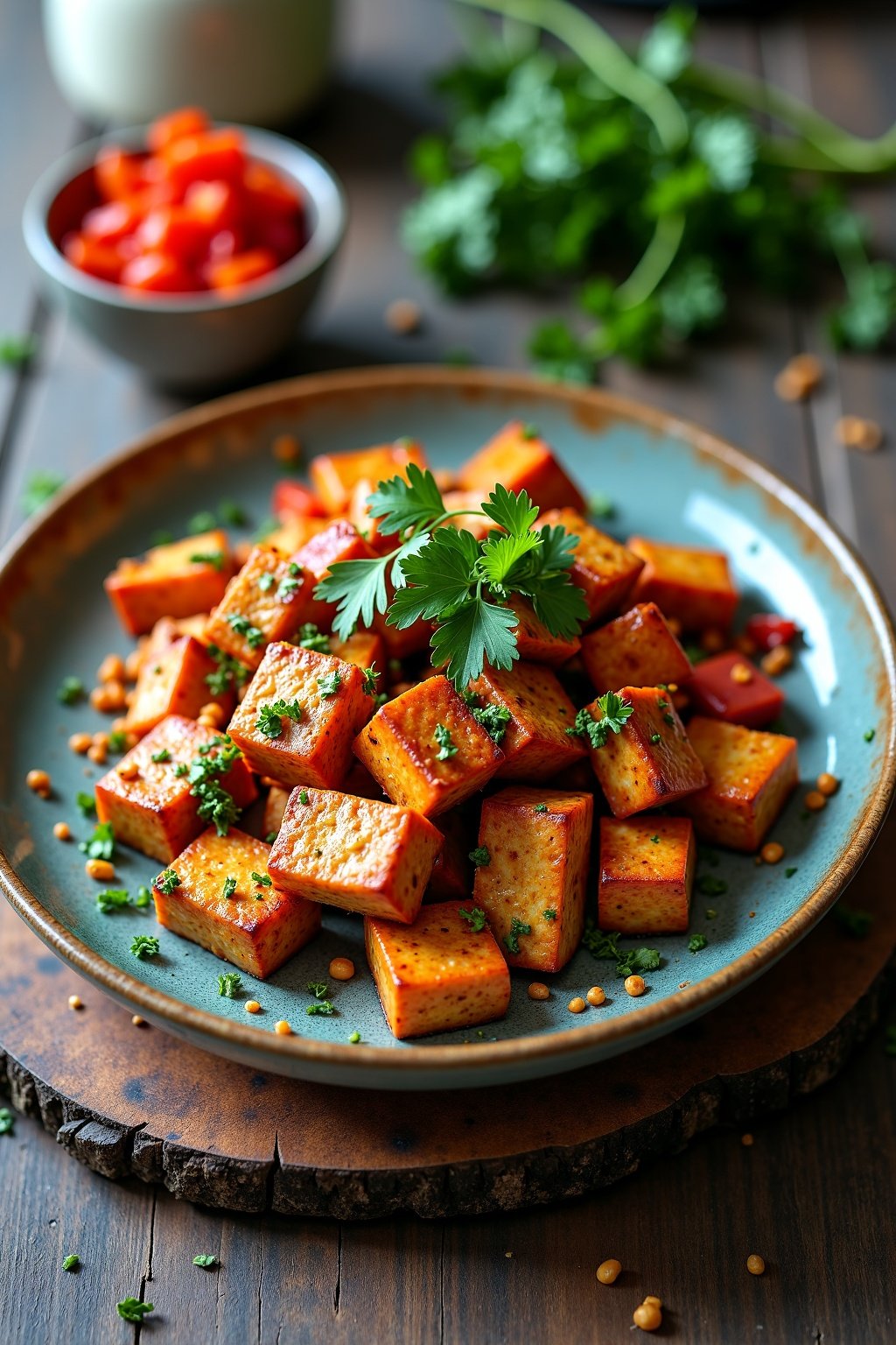 crispy tofu stir fry with fresh vegetables on rustic plate, max 125 chars