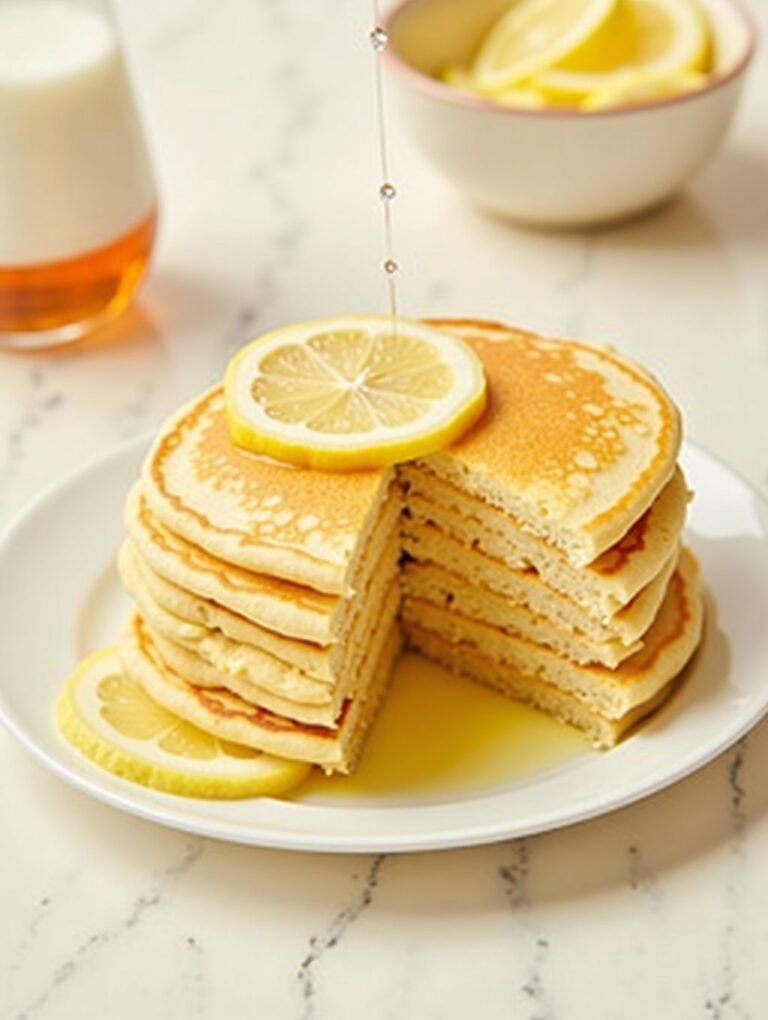 Decadent Lemon Ricotta Pancakes for Mother's Day Brunch on rustic plate, warm light