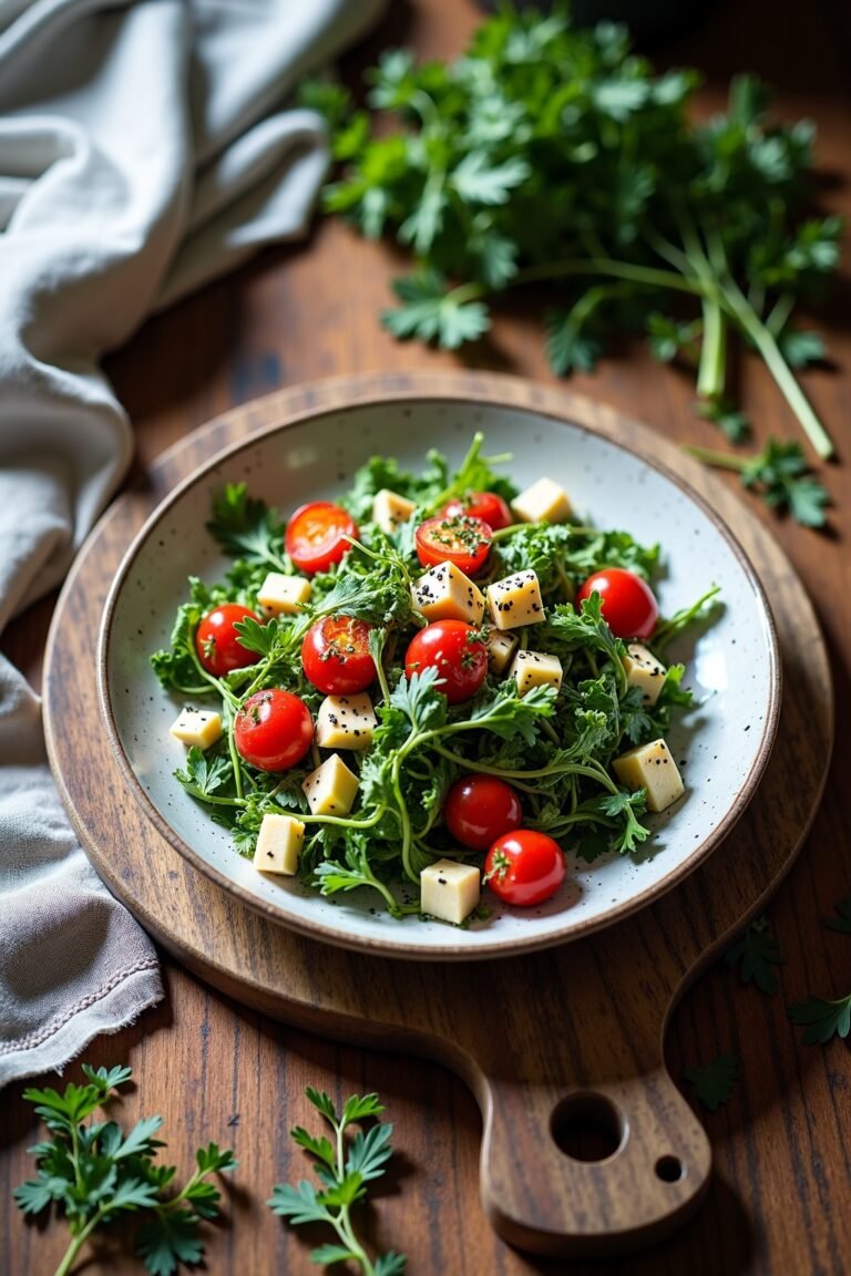 Easy Summer salads on rustic ceramic plate, fresh herbs, max 125 chars