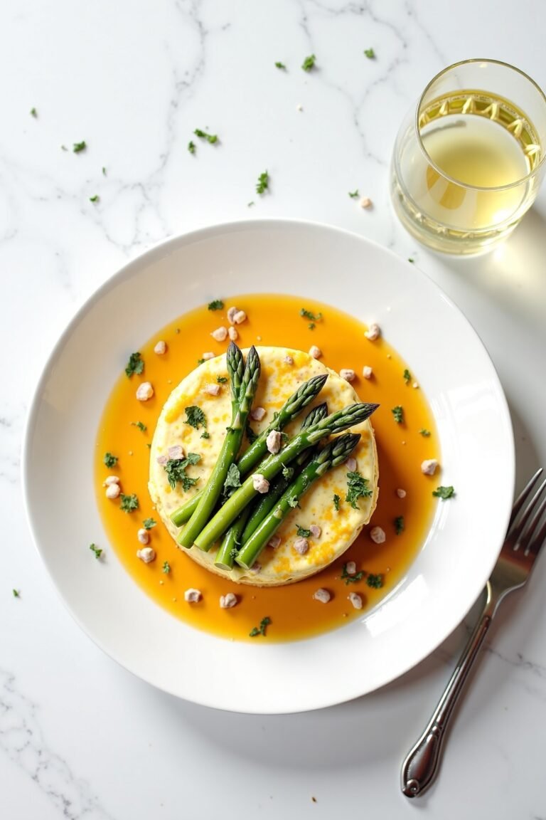 Elegant Mother's Day Brunch Frittata with Asparagus and Goat Cheese on marble, bright light
