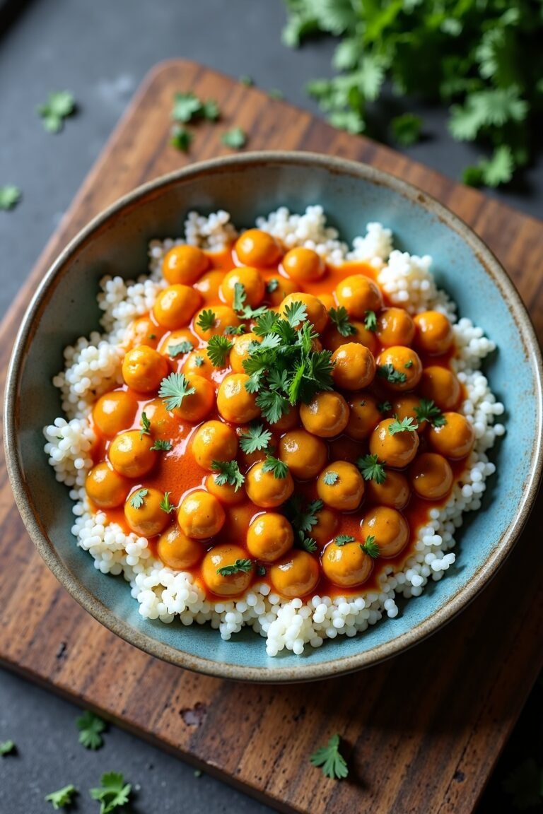 Flavorful chickpea curry with coconut milk on rustic plate, fresh herbs