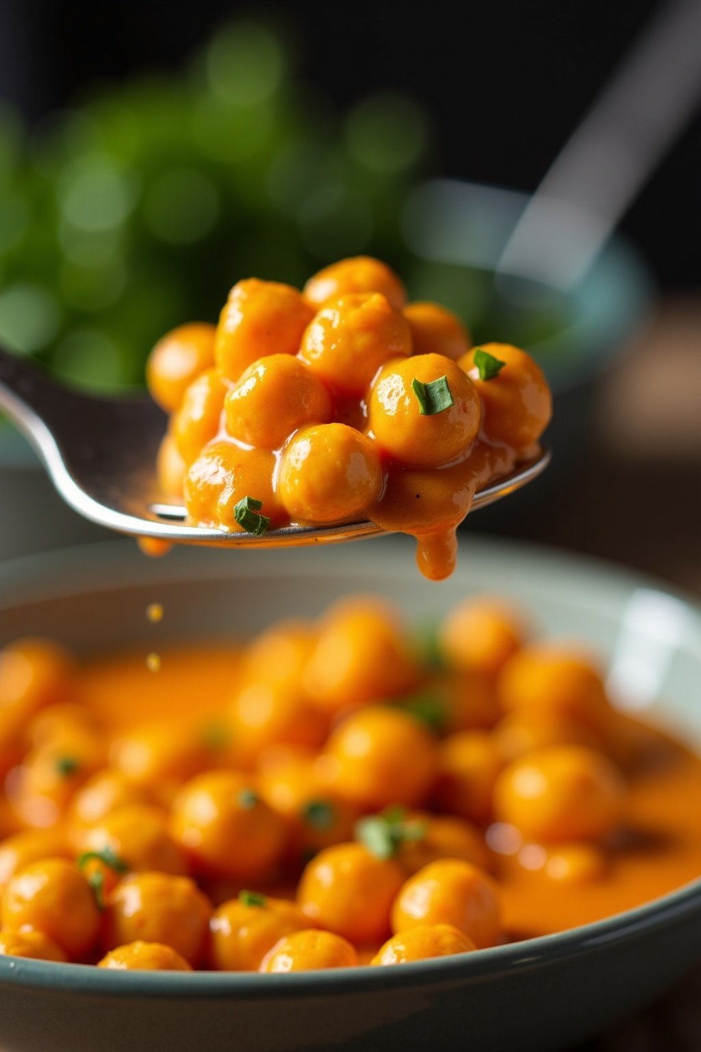 Flavorful chickpea curry with coconut milk perfect bite on a fork