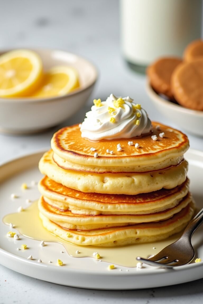 Gourmet Lemon Pancakes with Ricotta for Mother's Day Breakfast on marble table, bright daylight